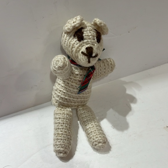 Handmade crochet teddy bear size 6.5”, color: beige with plaid neck ribbon - Picture 2 of 5
